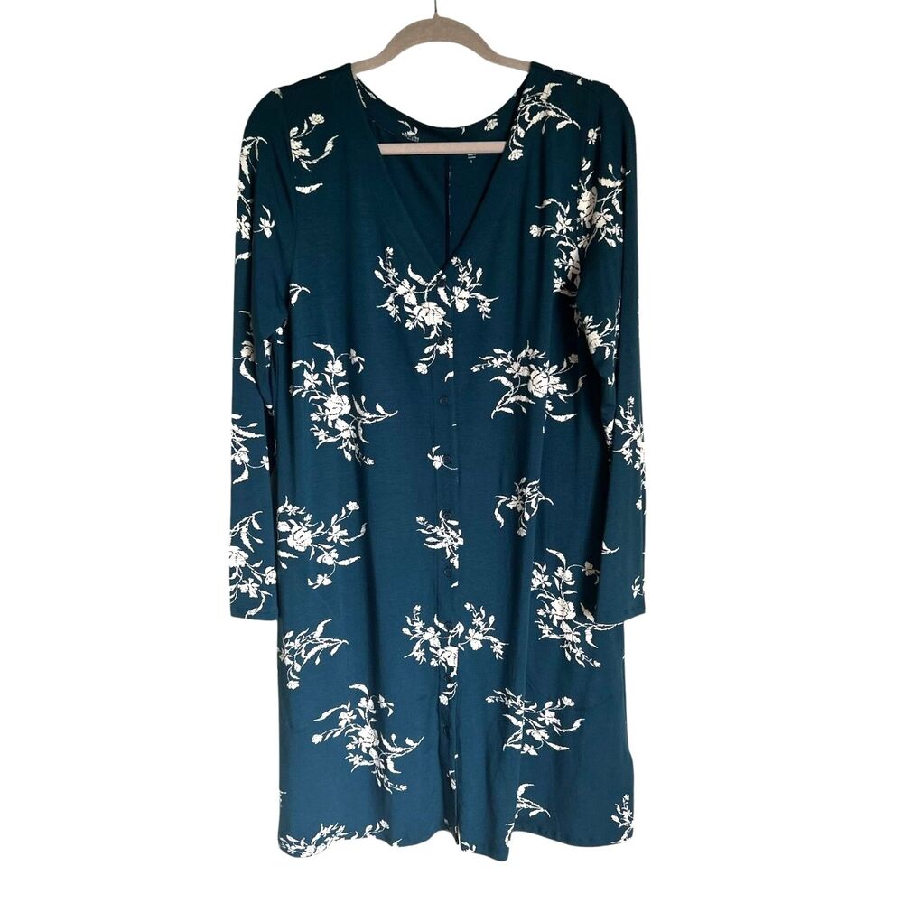 Garnet Hill Dark Teal Floral Dress L Tencel Button Front Side Pockets